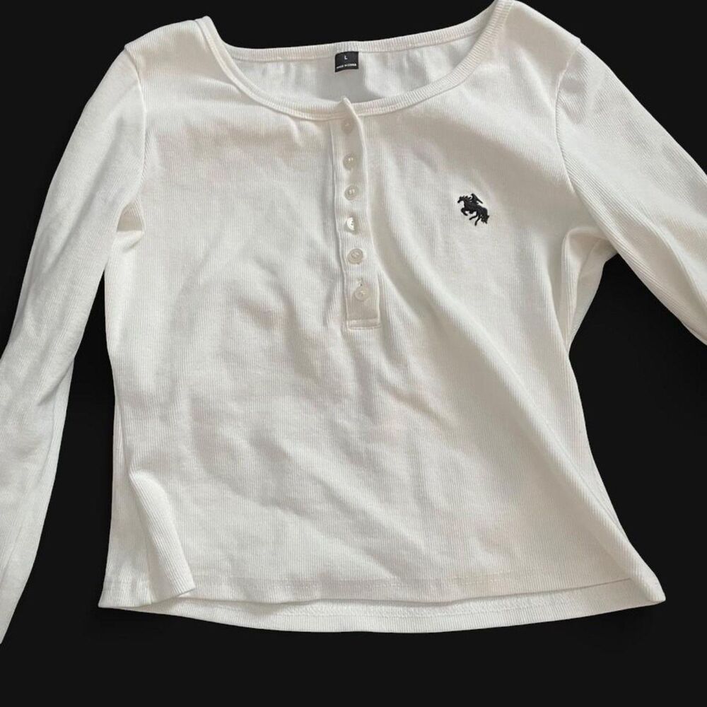 Women's White Ribbed Henley Long Sleeve Top Horse Logo Large